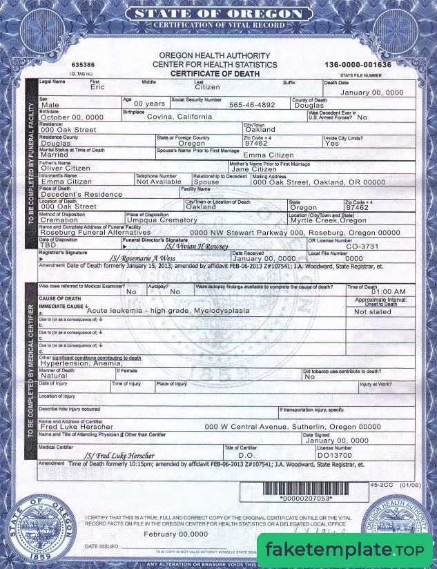 Feature of fake USA Oregon death cert